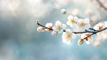 White blossoms emerging from slender branch, conveying delicate springtime freshness against soft natural backdrop
