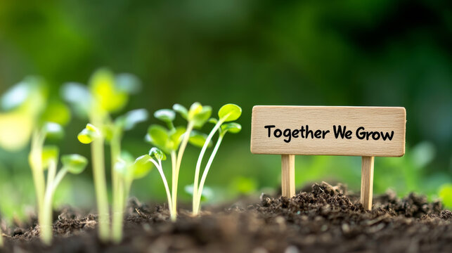 Green seedlings emerging from rich earth beside wooden sign reading inspirational message about collective growth and nurturing potential
