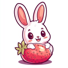 Cute cartoon bunny holding strawberry, happy expression, whimsical style