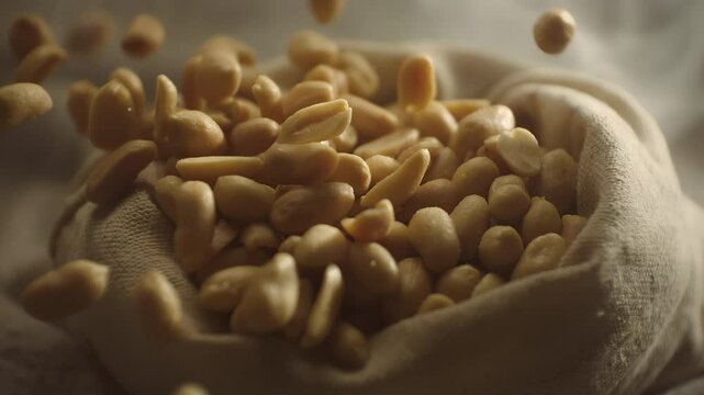 Crispy roasted salted peanuts falling in super slow motion close up. Hot delicious fried peanuts snacks with smoke flying. High speed 1000 fps footage