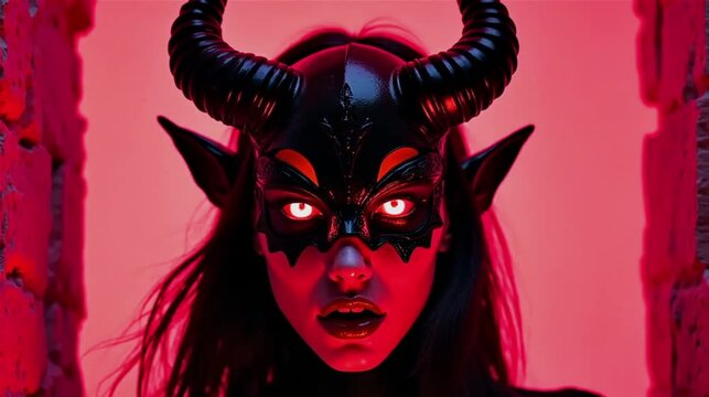 A horned mask with glowing red eyes and pointed ears is set against a vivid red backdrop, framed by brick walls in a dramatic scene.