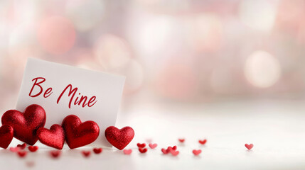 Romantic Valentine's Day card displaying Be Mine text amid vibrant red hearts against softened pastel background