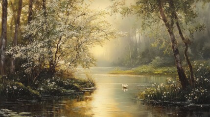 A serene oil painting of a misty river landscape with white flowers in the foreground and light shining through trees © Khaisan