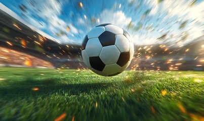 Fototapeta premium The soccer ball captured in motion on the grass field, with a trail of motion blur