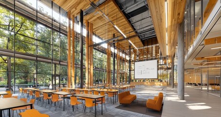 Bright modern classroom environment featuring rows of desks and large windows with natural light
