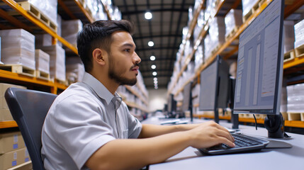 Focused warehouse logistics professional tracking inventory, navigating digital system, managing supply chain precision within contemporary industrial environment