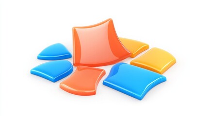 A colorful collection of geometric shapes, primarily in orange and blue, arranged playfully on a white background.