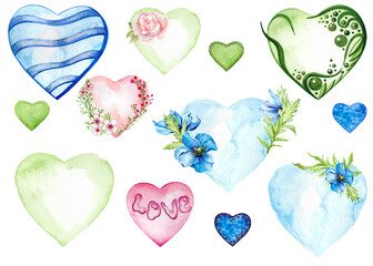 Watercolor painted hearts set. Rainbow hearts collection isolated on white background. Romantic group of elements for design invitation, postcard, Valentine's day card.