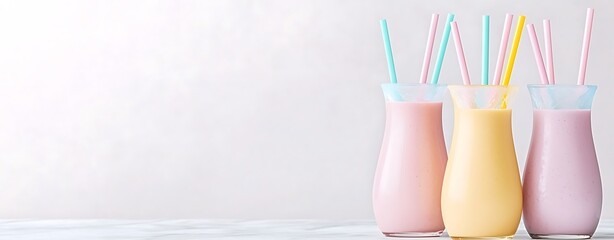vegan smoothies in pastel color, Fresh Vegan Smoothies in Pastel Colors with Straws