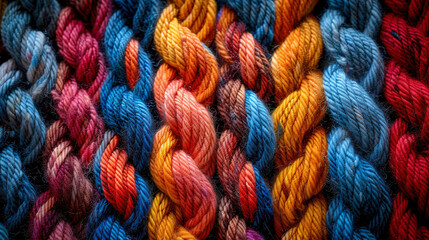Background of multi-colored twisted ropes of bright colors, same width and texture, lying in dense straight rows, next to each other and parallel to each other. Complete filling of frame.