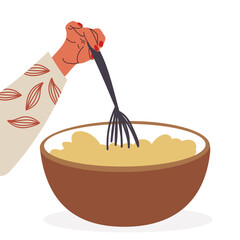 Hand hold bowl and mix dough flat semi flat colour vector object. Whipping cream with whisk. Simple spot illustration for web graphic design, hand drawn vector.