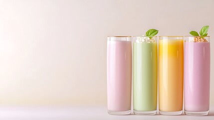 vegan smoothies in pastel color, Colorful Vegan Smoothies in Pastel Glasses