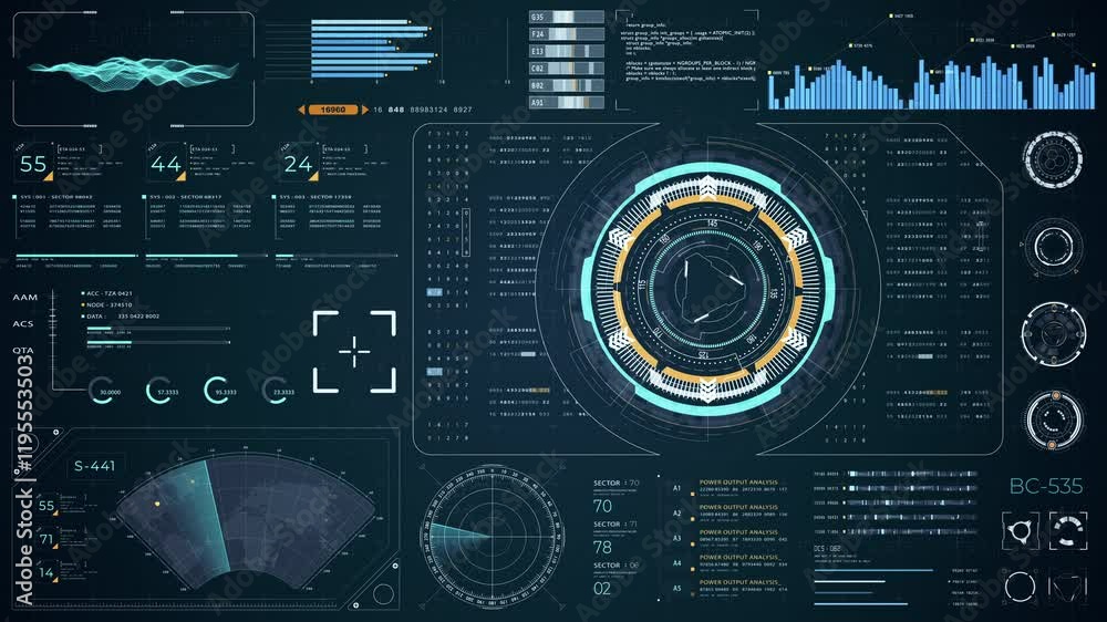 Poster motion graphic of blue digital head up display (hud ui) and circuit panel technology interface scree
