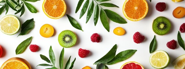 Panoramic food background with assortment of fresh organic fruits and vegetables