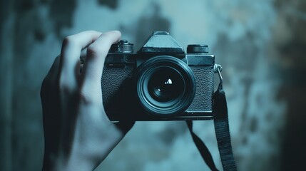 Close-Up Capture: Hand Gripping Digital Camera Amidst Abstract Art with GIF Highlight