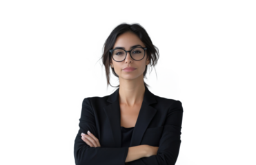 Portrait of a woman with glasses and black jacket with her arms crossed looking straight at the camera