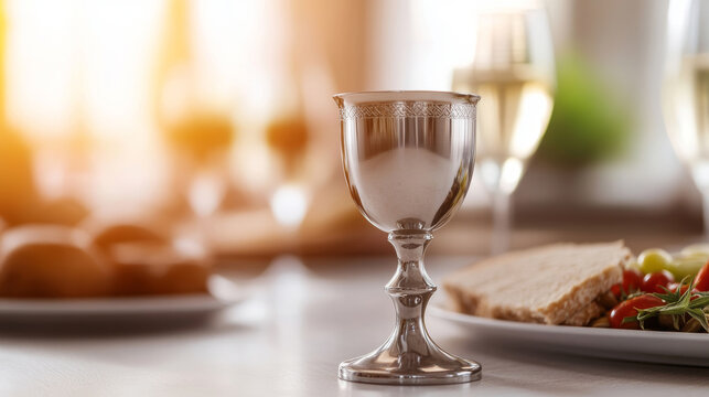 Silver kiddush cup resting beside symbolic Passover Seder foods, highlighting traditional Jewish ritual and festive cultural significance