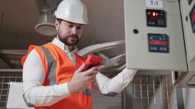 Caucasian electrical engineer performs diagnostics of electrical equipment. Industrial electrician with a multimeter checks the electrical switchboard. Professional electrician in the electrical room.