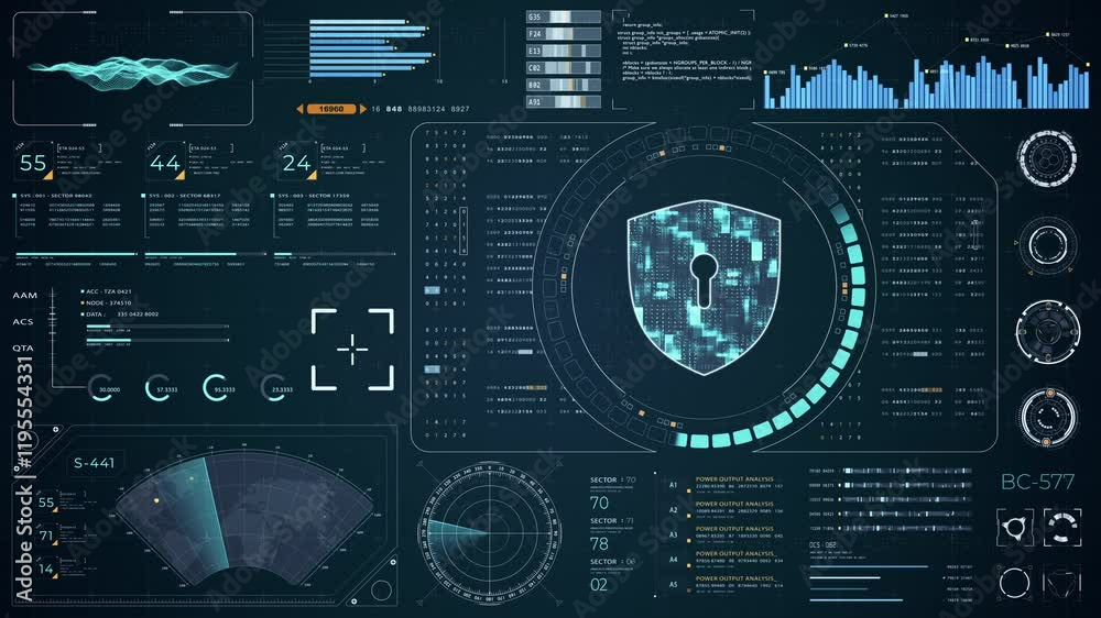 Poster motion graphic of blue digital security shield with head up display (hud ui) and circuit panel futur