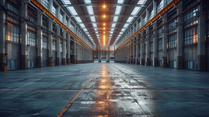Large industrial warehouse space with polished concrete floor and bright overhead lights
