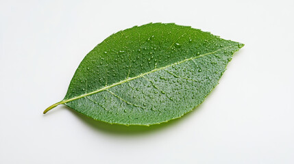 Obraz premium Close-up green leaf glistening with water droplets, highlighting natural moisture and pristine clarity against white minimalist background