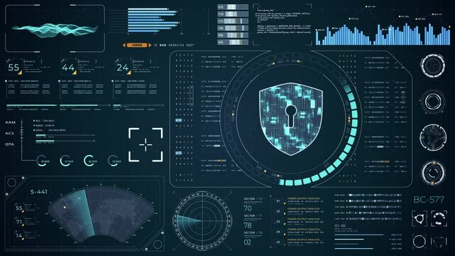 Motion graphic of Blue digital security shield with head up display (HUD UI) and circuit panel futuristic abstract background network firewall technology and data secure video concepts
