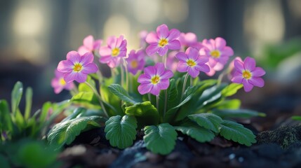Obraz premium Vibrant pink primroses blossoming in a sunlit garden setting