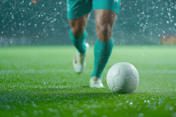 Soccer player prepares to kick a ball in the rain during an intense match