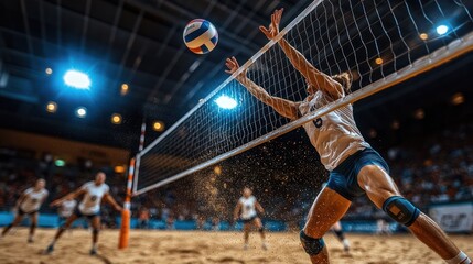 Volleyball player making a block at a beach volleyball game.