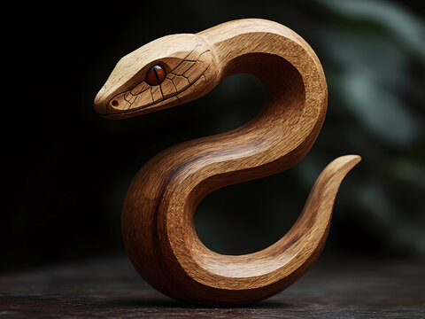 A wooden snake with a black head and brown body