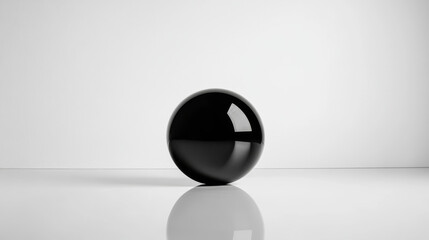 Minimal composition featuring a black sphere reflecting on a white surface, creating a sleek and modern aesthetic with ample copy space