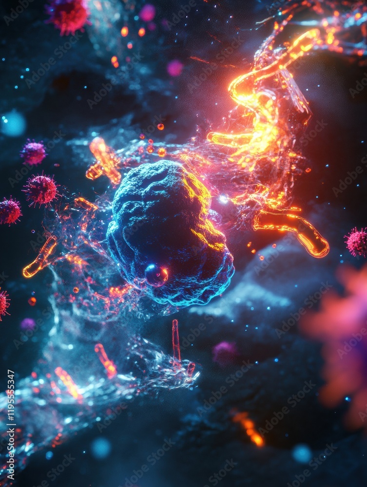 Aufkleber Magnified view of human cell under attack by virus particles showcasing immune response dynamics in a colorful environment. Generative AI