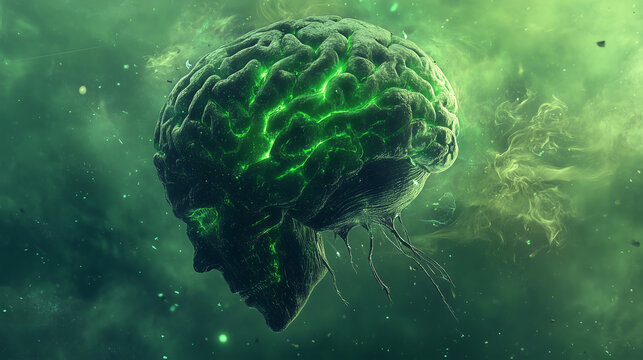 Futuristic green brain with digital neural connections in a mystical space environment