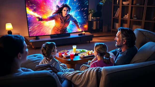 Family Watching Action Movie on Large Screen TV with Snacks in a Cozy Living Room at Night

