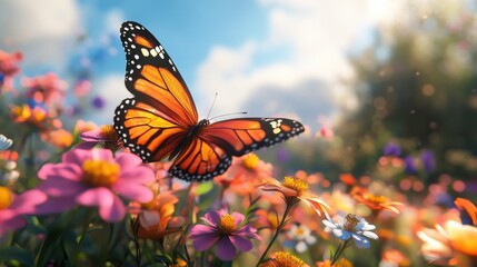 Monarch butterfly in vibrant flower field on a sunny day
