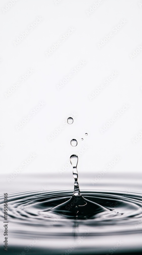 Poster Water droplets splashing into a pool of water, creating concentric ripples and a sense of tranquility and motion against a clean white background