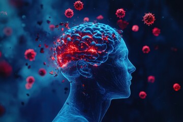 Naklejka premium Floating Red Viruses Around X-Ray Human Head with Brain, Depicting Medical and Health Challenges in a 3D Illustration