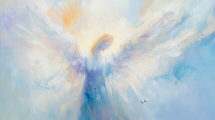 Abstract angelic figure with soft colors soars through a serene sky filled with light