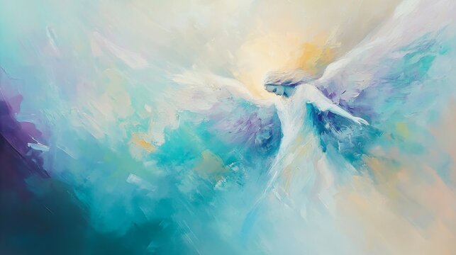 Ethereal angelic figure soaring in a dreamy landscape of soft pastel colors at dawn