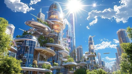 futuristic cityscape and digital concept. Futuristic cityscape with towering buildings, vibrant greenery, and a bright sunlit sky.