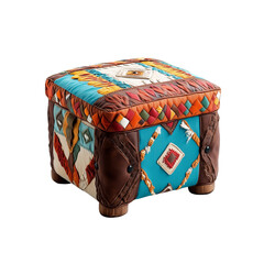 A colorful, decorative square ottoman featuring intricate patterns and textures, Isolated on white background