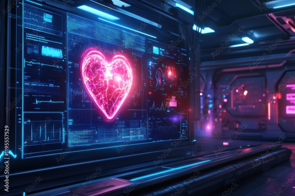 Fototapete Diagnostic medical screen displays heart data with colorful visual analytics in a futuristic setting. Generative AI