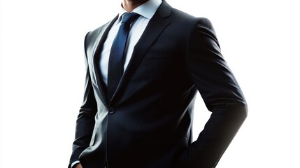 Confident young adult male in sharp formal suit on bright background