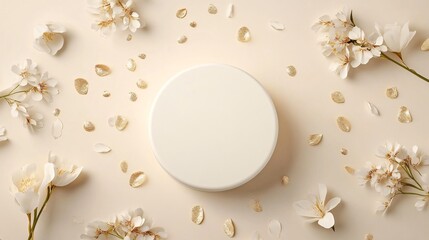 Flat lay top view of a luxury white circular podium, neutral beige background. Flowers and petals. Copy space. Generative AI. 