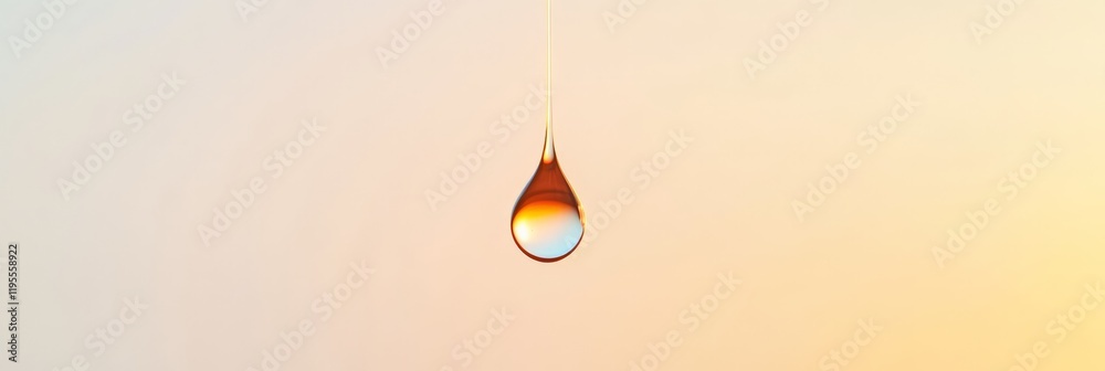 Poster hanging on a thin thread, a perfect transparent drop reflects orange and blue hues against a softly 