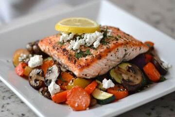 Grilled salmon fillet served with roasted vegetables and a lemon wedge for a healthy meal option