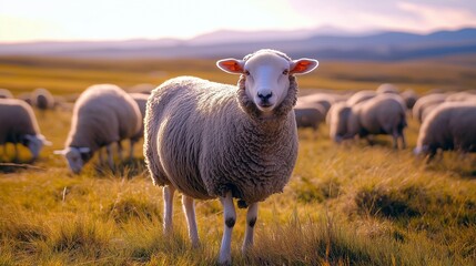 Obraz premium close up sheep with thick wool coats, grazing peacefully on a sunlit meadow