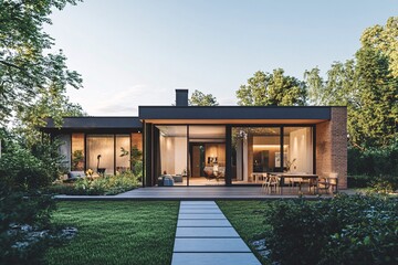 Modern house exterior with garden and patio enjoying sunset light
