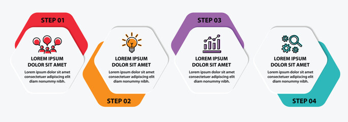 Naklejka premium 4 steps infographic template with 4 options. Flowchart that can be used for business report, data visualization and presentation. Timeline infographic elements vector illustration.