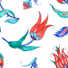 Turkish tulip flowers and leaves, fantasy decor element. Seamless pattern of watercolor illustrations in oriental style. For design, souvenirs, printing, textiles, wallpaper